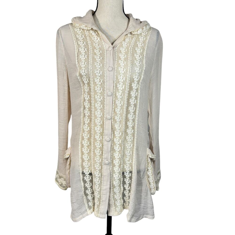 A’reve Large Tunic Top Button-Up Long Sleeve Semi-Sheer Floral Embroidered Cream